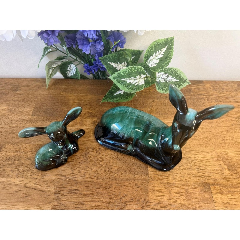 Vintage Blue Mountain Pottery Deer Mom Fawn Pair Green Drip Glaze Canada Figures - Picture 4 of 10